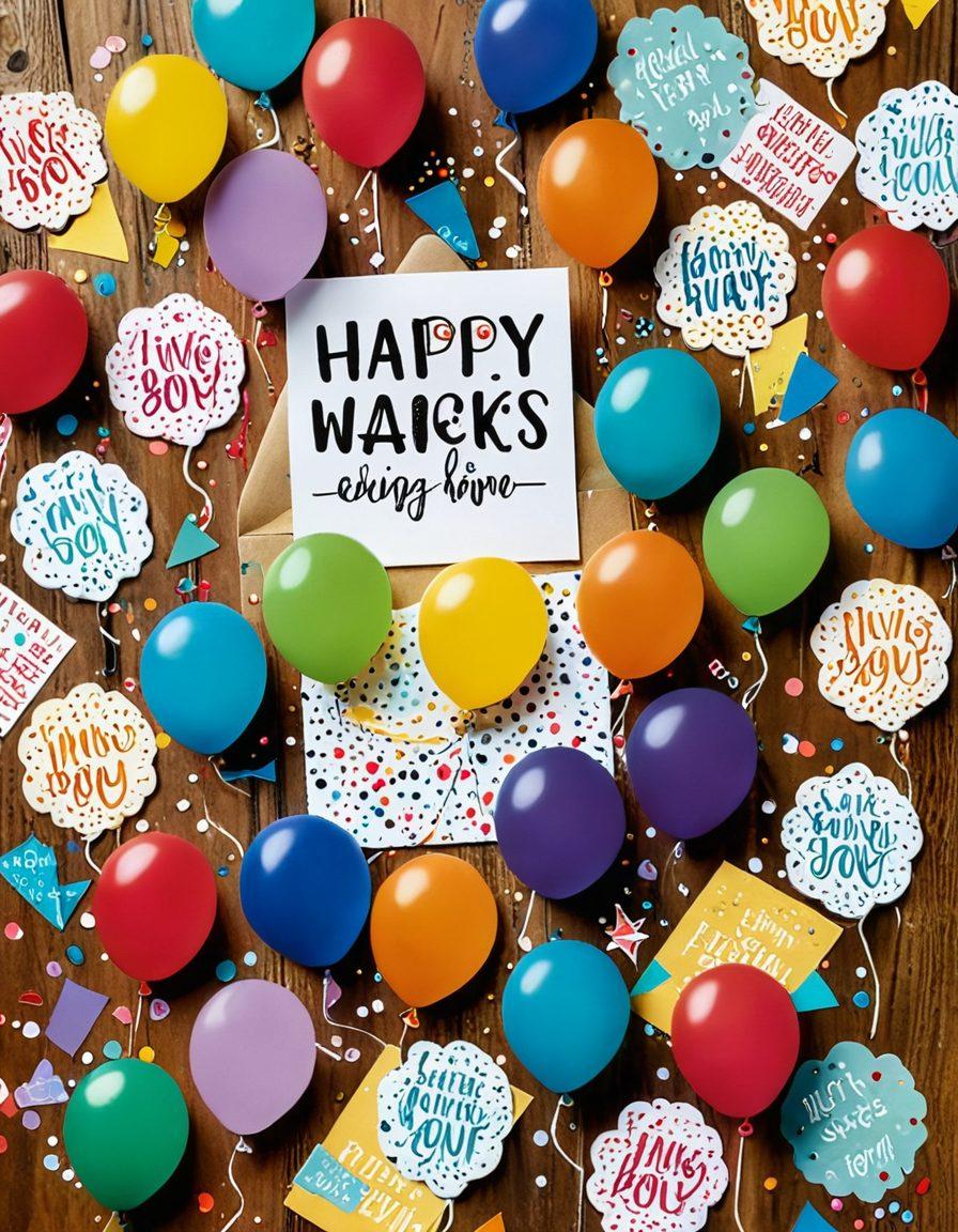 A vibrant and whimsical collection of greeting cards scattered artistically on a bright wooden surface. Each card showcases joyous illustrations and celebratory quotes, exuding a playful and witty vibe. Include elements like confetti, balloons, and doodles in the background to enhance the festive feeling. Soft, warm lighting to create an inviting atmosphere. colorful, playful, cartoonish.