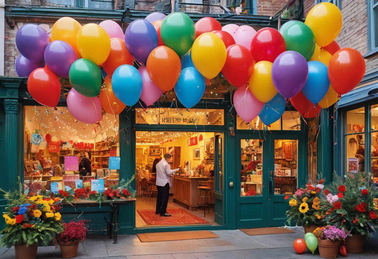 A vibrant and colorful collage of greeting cards featuring various festive themes like birthdays, weddings, and holidays, each embellished with illustrations of smiling characters and joyful elements such as balloons and confetti. The background should include subtle hints of celebration like streamers and light sparkles, evoking a cheerful atmosphere. The overall look should be playful and inviting, enticing viewers to explore the world of greetings. super-realistic. vibrant colors. whimsical style.