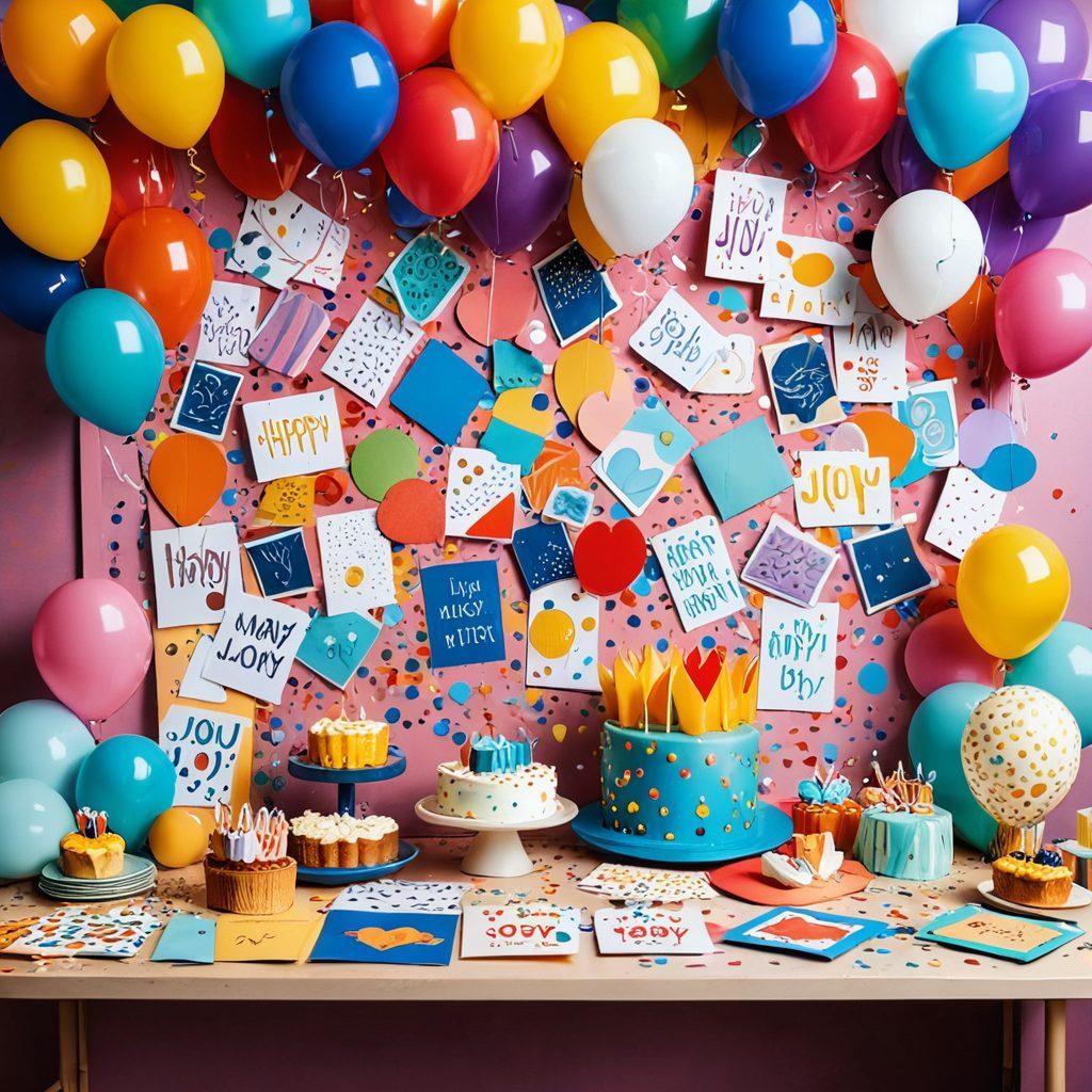 A whimsical collage of vibrant and playful birthday and celebration greeting cards scattered across a colorful table, showcasing various designs such as balloons, cakes, and cheerful animals. Include beams of light radiating from an open card, symbolizing joy, with confetti gently falling in the background. The scene should evoke a sense of happiness and festivity. bright colors. vector art. cheerful atmosphere.